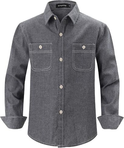 Spring&Gege Boys' Long Sleeve Chambray Shirt Casual Cotton Woven Button Down Shirt with Two Pockets in Saudi Arabia