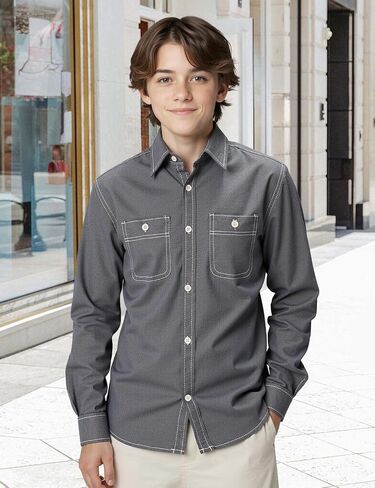 Spring&Gege Boys' Long Sleeve Chambray Shirt Casual Cotton Woven Button Down Shirt with Two Pockets in Saudi Arabia