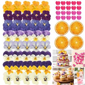 74 Pcs Edible Flowers for Cocktails Cake Decorating Drinks, Real Dried Pressed Flowers Cupcake Toppers, Food Grade Dry Flowers for Crafts Resin Mix with Pansy, Heart Rose Petals, Orange in Saudi Arabia