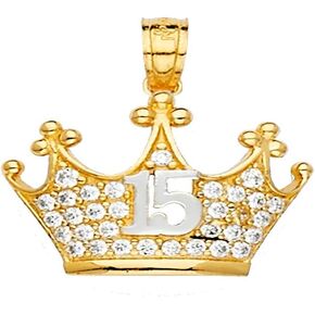Ioka - قلادة صغيرة من الذهب الأصفر عيار 14 قيراط لمدة 15 عامًا Quinceanera Princess Crown أو Tiara CZ للقلادة أو السلسلة in Kuwait