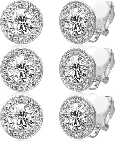 2 Pairs Clip on Dance Earrings Crystal Clip On Stud Halo Earrings Rhinestone Ear Clips Silver Round Earring Jewelry Gifts for Women Dance Stage Opera Performance Wedding Party Jewelry in Kuwait