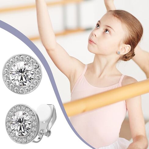 2 Pairs Clip on Dance Earrings Crystal Clip On Stud Halo Earrings Rhinestone Ear Clips Silver Round Earring Jewelry Gifts for Women Dance Stage Opera Performance Wedding Party Jewelry in Kuwait