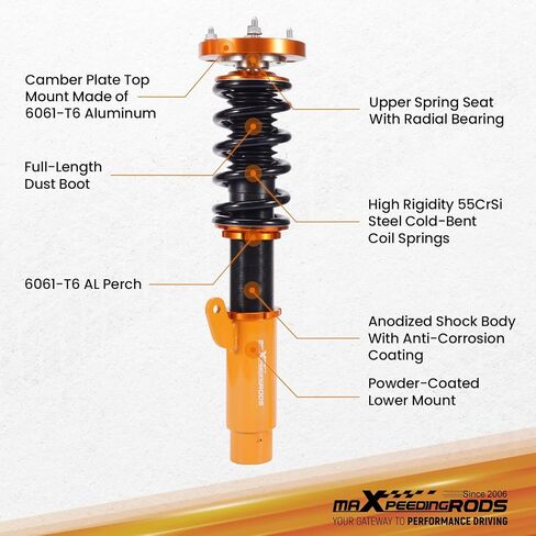 maxpeedingrods Coilovers لسيارات BMW E46 1998-2007 318i، 330i، 325i، 328i، 318d، 320d، 320i، 325i؛ 330d، طقم تعليق كويلوفيرس قابل للتعديل، طقم خفض التخميد مسبقًا ذهبي in Kuwait
