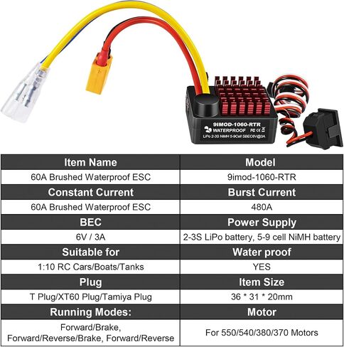 WP 1060 2-3s 60A ESC ناعم [قابس T] جهاز تحكم إلكتروني في السرعة مقاوم للماء مع وضع التبديل BEC، RC ESC لشاحنات السيارات الزاحفة RC بمقياس 1/10 in Saudi Arabia