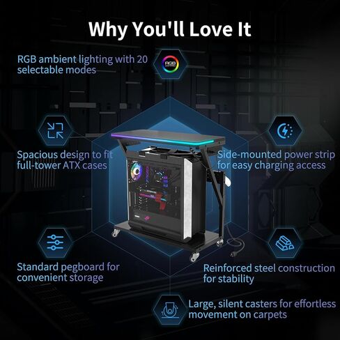 حامل برج الكمبيوتر مع شريط إضاءة LED متغير الألوان ومزامنة الموسيقى، حامل كمبيوتر الألعاب للأرضية، الطابعة، التلفزيون، وسائط AV، رف مركز الترفيه، أسود غير لامع in Saudi Arabia