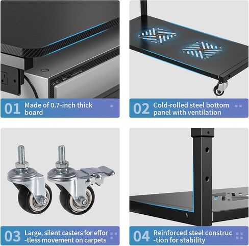 حامل برج الكمبيوتر مع شريط إضاءة LED متغير الألوان ومزامنة الموسيقى، حامل كمبيوتر الألعاب للأرضية، الطابعة، التلفزيون، وسائط AV، رف مركز الترفيه، أسود غير لامع in Saudi Arabia