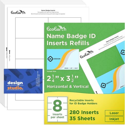 EcoEarth - إدراجات شارة الاسم - 2.25 × 3.5 بوصة، 280 بطاقة، 35 ورقة - عبوات بطاقات اسم فارغة قابلة للتخصيص للشارات - بطاقات قابلة للطباعة - ملصقات تعريف شخصية لطابعات الليزر وطابعات الحبر in Kuwait