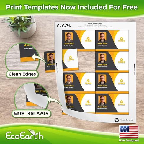 EcoEarth - إدراجات شارة الاسم - 2.25 × 3.5 بوصة، 280 بطاقة، 35 ورقة - عبوات بطاقات اسم فارغة قابلة للتخصيص للشارات - بطاقات قابلة للطباعة - ملصقات تعريف شخصية لطابعات الليزر وطابعات الحبر in Kuwait