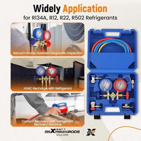 مقاييس التيار المتردد maxpeedingrods، مجموعة قياس مشعب التيار المتردد ثلاثي الاتجاهات لـ R134a R12 R22 R502، طقم قياس مبرد السيارات مع خرطوم 5 أقدام، محولات تيار متردد للخزان، وصلات قابلة للتعديل، يمكن الاستفادة منها in Kuwait