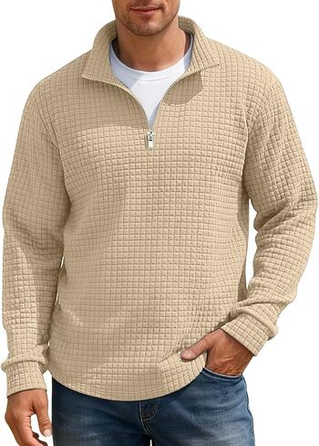 Mens Quarter Zip Pullover Quilted Sweatshirt Long Sleeve Waffle Sweater Half Zip Polo Sweatshirts in Saudi Arabia