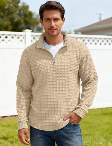 Mens Quarter Zip Pullover Quilted Sweatshirt Long Sleeve Waffle Sweater Half Zip Polo Sweatshirts in Saudi Arabia