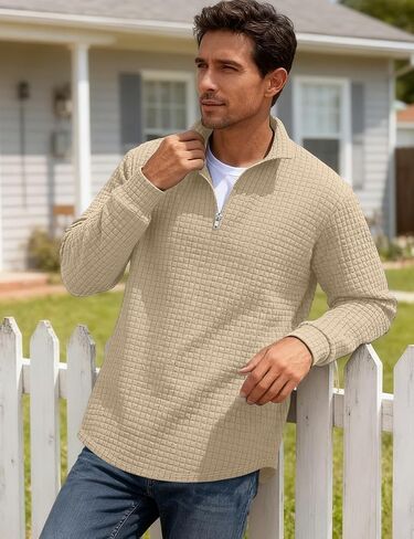 Mens Quarter Zip Pullover Quilted Sweatshirt Long Sleeve Waffle Sweater Half Zip Polo Sweatshirts in Saudi Arabia