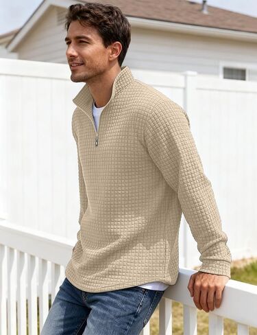 Mens Quarter Zip Pullover Quilted Sweatshirt Long Sleeve Waffle Sweater Half Zip Polo Sweatshirts in Saudi Arabia