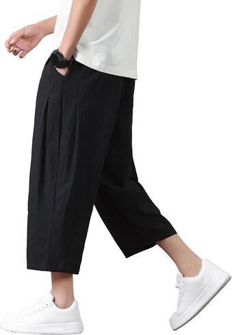 PRIJOUHE Mens Harem Pants Casual Lightweight Loose Fit Capri Pants Linen Beach Pants with Elastic Waistband in Kuwait
