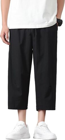 PRIJOUHE Mens Harem Pants Casual Lightweight Loose Fit Capri Pants Linen Beach Pants with Elastic Waistband in Kuwait