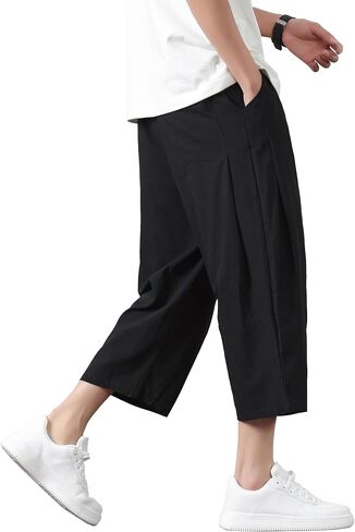 PRIJOUHE Mens Harem Pants Casual Lightweight Loose Fit Capri Pants Linen Beach Pants with Elastic Waistband in Kuwait