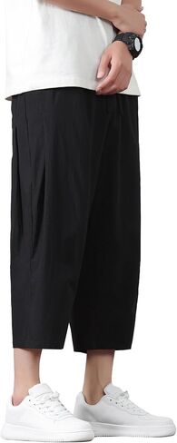 PRIJOUHE Mens Harem Pants Casual Lightweight Loose Fit Capri Pants Linen Beach Pants with Elastic Waistband in Kuwait