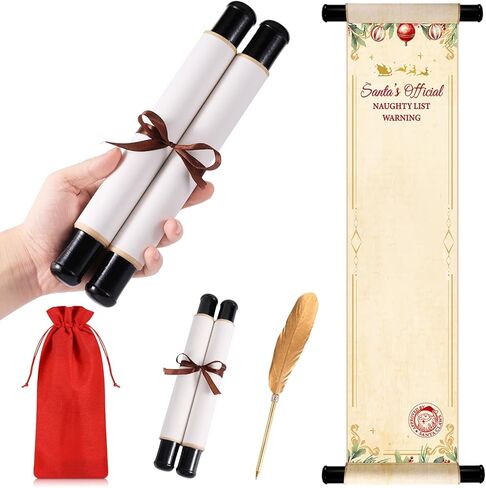 Christmas Santa's Nice List Scroll Paper Blank Scrolls with Wooden Stick 7.1 x 31.5 Inch with Feather Pen & Flannel Bag for Gift Tags Wish Lists, Holiday Decor | Vintage Writing Kit for Adults in Saudi Arabia