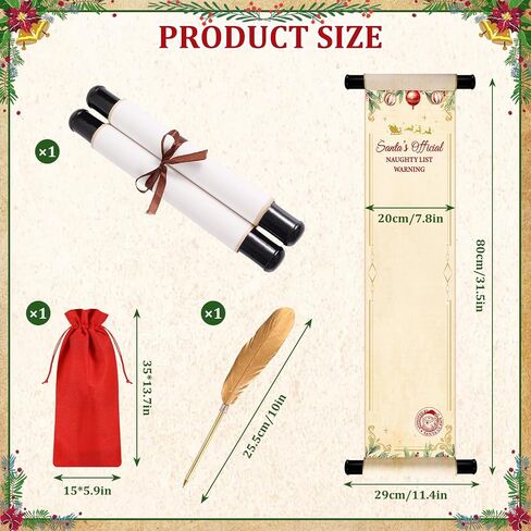 Christmas Santa's Nice List Scroll Paper Blank Scrolls with Wooden Stick 7.1 x 31.5 Inch with Feather Pen & Flannel Bag for Gift Tags Wish Lists, Holiday Decor | Vintage Writing Kit for Adults in Saudi Arabia
