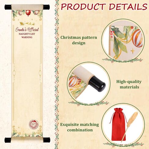 Christmas Santa's Nice List Scroll Paper Blank Scrolls with Wooden Stick 7.1 x 31.5 Inch with Feather Pen & Flannel Bag for Gift Tags Wish Lists, Holiday Decor | Vintage Writing Kit for Adults in Saudi Arabia