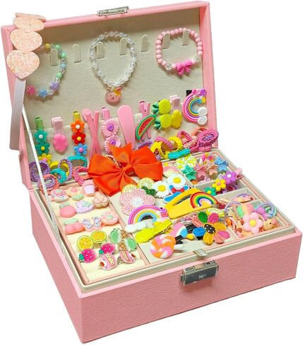 Jewelry Box with Hair Accessories for Girls, Hair Clips/Barrettes/Hair Ties/Bows/Toy Rings/Bracelets/Earrings/Hair Ropes/Hair Elastics, Gift Toys for Teen, Girls aged 4 5 6 7 8-12 in Saudi Arabia