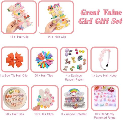 Jewelry Box with Hair Accessories for Girls, Hair Clips/Barrettes/Hair Ties/Bows/Toy Rings/Bracelets/Earrings/Hair Ropes/Hair Elastics, Gift Toys for Teen, Girls aged 4 5 6 7 8-12 in Saudi Arabia