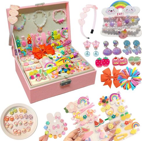Jewelry Box with Hair Accessories for Girls, Hair Clips/Barrettes/Hair Ties/Bows/Toy Rings/Bracelets/Earrings/Hair Ropes/Hair Elastics, Gift Toys for Teen, Girls aged 4 5 6 7 8-12 in Saudi Arabia