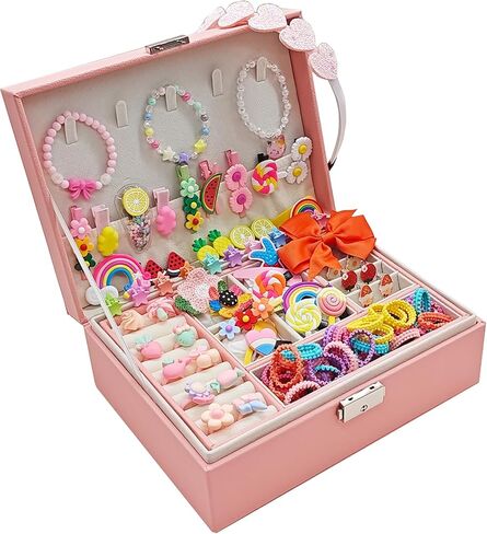 Jewelry Box with Hair Accessories for Girls, Hair Clips/Barrettes/Hair Ties/Bows/Toy Rings/Bracelets/Earrings/Hair Ropes/Hair Elastics, Gift Toys for Teen, Girls aged 4 5 6 7 8-12 in Saudi Arabia