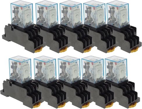 MY4NJ Industrial Power Relay with Socket Base, 14-Pin DIN Rail Mount, 4PDT 5A 240V AC, LED Indicator, 10-Pack with Sockets (12V DC) in Saudi Arabia