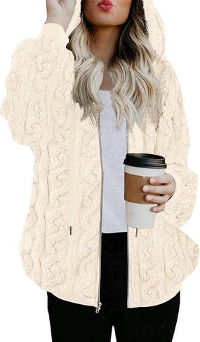 ReachMe Womens Warm Fuzzy Zip Up Hoodie Oversized Sherpa Jacket with Pockets Faux Fur Fleece Winter Coats in Saudi Arabia