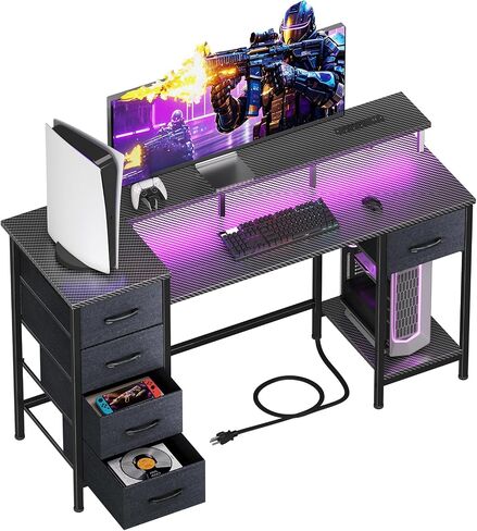 47 Inch Computer Gaming Desk with Power Outlets & LED Lights Reversible Home Office Desk with Adjustable 5 Fabric Storage Drawers for Working Writing Study, Carbon Fiber Black in Kuwait