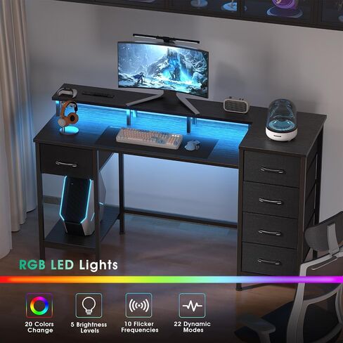 مكتب ألعاب كمبيوتر مقاس 47 بوصة مع منافذ طاقة وأضواء LED مكتب مكتب منزلي قابل للعكس مع 5 أدراج تخزين قماشية قابلة للتعديل لدراسة الكتابة والعمل، ألياف الكربون باللون الأسود in Kuwait