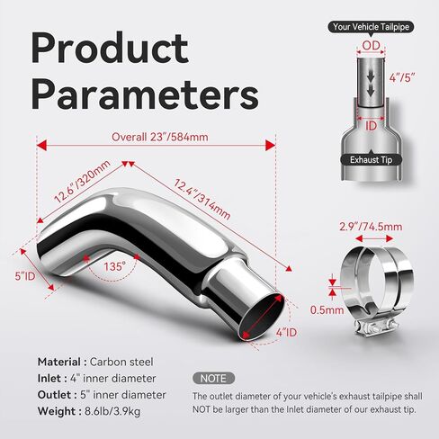 طرف عادم الكوع، طرف عادم ديزل كروم 4 بوصة مع مشبك، طرف عادم الكوع 4 إلى 6 بوصة لشاحنات البيك اب in Kuwait