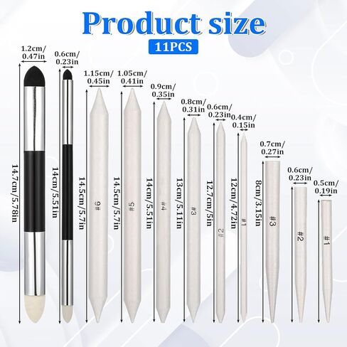 11 Pack Blending Stumps for Drawing, Oil Pastel Blending Tools Blendings Sponge Pens and Sandpaper Pencil Reusable Washable Pencil Blender Sticks for Student Artists Charcoal Graphite Drawing in Kuwait