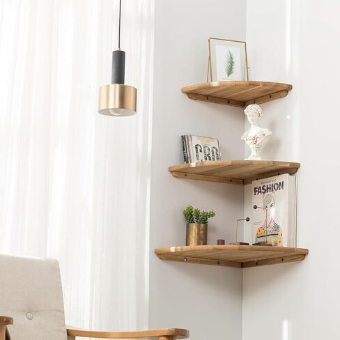 Corner Shelves, Floating Corner Shelf, Set of 2 12inch Solid Oak Wood Corner Wall Shelves, Round End Wall Mount Display Shelf with Wire Hole for Bedroom Kitchen, Living Room in Kuwait