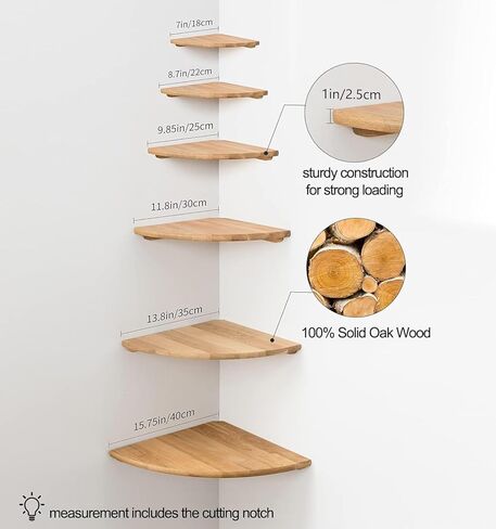 Corner Shelves, Floating Corner Shelf, Set of 2 12inch Solid Oak Wood Corner Wall Shelves, Round End Wall Mount Display Shelf with Wire Hole for Bedroom Kitchen, Living Room in Kuwait