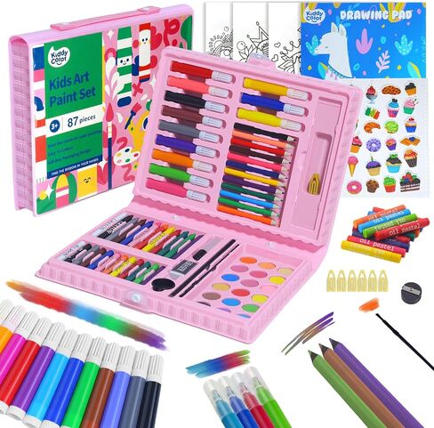مجموعة فنون الأطفال من KIDDYCOLOR، لوازم الرسم الفنية للفتيات والفتيان من سن 4 إلى 8 سنوات مع كعك بالألوان المائية والباستيل الزيتي وأقلام الرصاص الملونة، هدية مثالية للفنان الشاب، وردي-87 قطعة in Kuwait