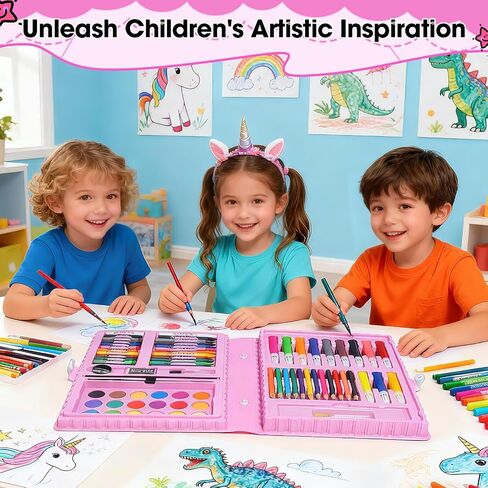 مجموعة فنون الأطفال من KIDDYCOLOR، لوازم الرسم الفنية للفتيات والفتيان من سن 4 إلى 8 سنوات مع كعك بالألوان المائية والباستيل الزيتي وأقلام الرصاص الملونة، هدية مثالية للفنان الشاب، وردي-87 قطعة in Kuwait