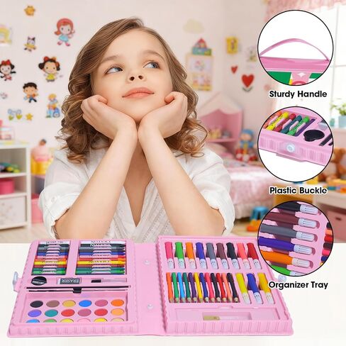 مجموعة فنون الأطفال من KIDDYCOLOR، لوازم الرسم الفنية للفتيات والفتيان من سن 4 إلى 8 سنوات مع كعك بالألوان المائية والباستيل الزيتي وأقلام الرصاص الملونة، هدية مثالية للفنان الشاب، وردي-87 قطعة in Kuwait