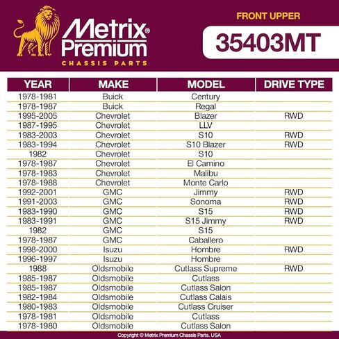 أجزاء الهيكل الفاخرة من Metrix - طقم عمود ذراع التحكم العلوي الأمامي يناسب 78-81 Buick Century، 95-05 شيفروليه بليزر RWD، 78-87 GMC Caballero، 98-00 Isuzu Hombre RWD، استبدال K6218، صنع في أوروبا in Kuwait