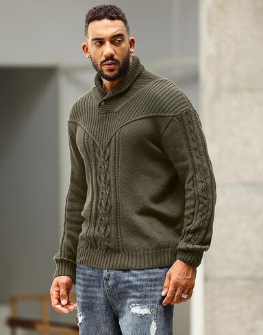 SAVKOOV Men's Shawl Collar Pullover Sweater Casual Button Cable Knit Sweaters in Saudi Arabia