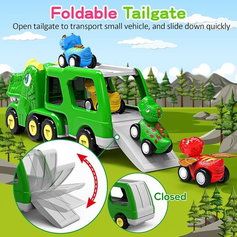 ألعاب الديناصورات للصبي البالغ من العمر 1 2 3 4 5 سنوات، شاحنات الديناصورات للأطفال الصغار من عمر 2 إلى 4 سنوات مع 4 سيارات دينو صغيرة قابلة للسحب للخلف، هدايا عيد الميلاد للأطفال للأولاد in Kuwait