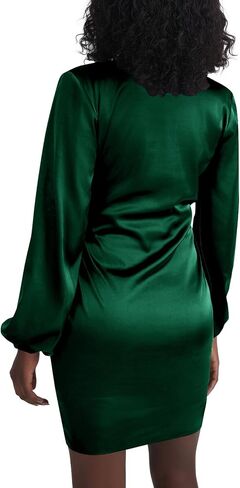 LYANER Women's Satin Silky Wrap V Neck Tie Waist Long Sleeve Mini Short Dress in Kuwait