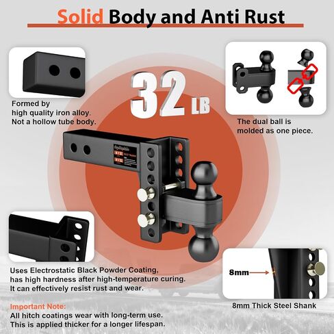 2.5 inch Adjustable Trailer Hitch 2-1/2 Receiver Drop Hitch Fits 2.5" Receiver 4" Rise/Drop, 2'' & 2-5/16'' Ball 25000 LBS Heavy Duty for RVs, Campers, Boat Trailer in Kuwait