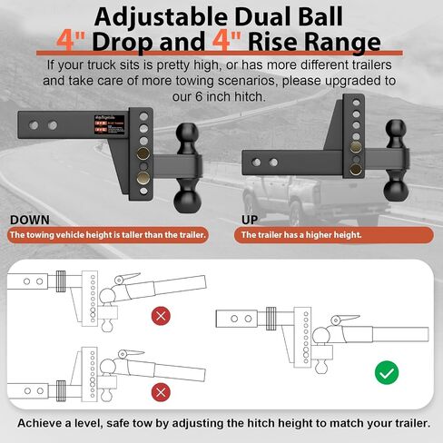 2.5 inch Adjustable Trailer Hitch 2-1/2 Receiver Drop Hitch Fits 2.5" Receiver 4" Rise/Drop, 2'' & 2-5/16'' Ball 25000 LBS Heavy Duty for RVs, Campers, Boat Trailer in Kuwait