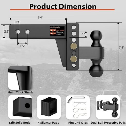 2.5 inch Adjustable Trailer Hitch 2-1/2 Receiver Drop Hitch Fits 2.5" Receiver 4" Rise/Drop, 2'' & 2-5/16'' Ball 25000 LBS Heavy Duty for RVs, Campers, Boat Trailer in Kuwait