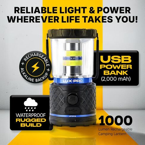 LUXPRO Rechargeable Dual-Power 1100 Lumen LED Lantern for Up to 150 Hours of Use - Camping Lantern with Built-in Power Bank - Dimmable LED Light with IPX4 Water-Resistant Rating in Kuwait