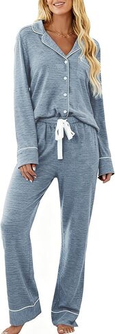 Senert Pajamas Set For Women Long Sleeve Sleepwear Soft Button Down Shirt with Long Pants Pj Lounge Sets S-XXL in Kuwait