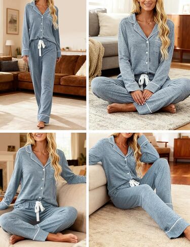 Senert Pajamas Set For Women Long Sleeve Sleepwear Soft Button Down Shirt with Long Pants Pj Lounge Sets S-XXL in Kuwait