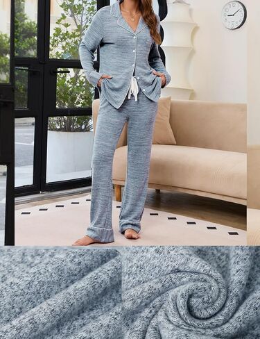 Senert Pajamas Set For Women Long Sleeve Sleepwear Soft Button Down Shirt with Long Pants Pj Lounge Sets S-XXL in Kuwait